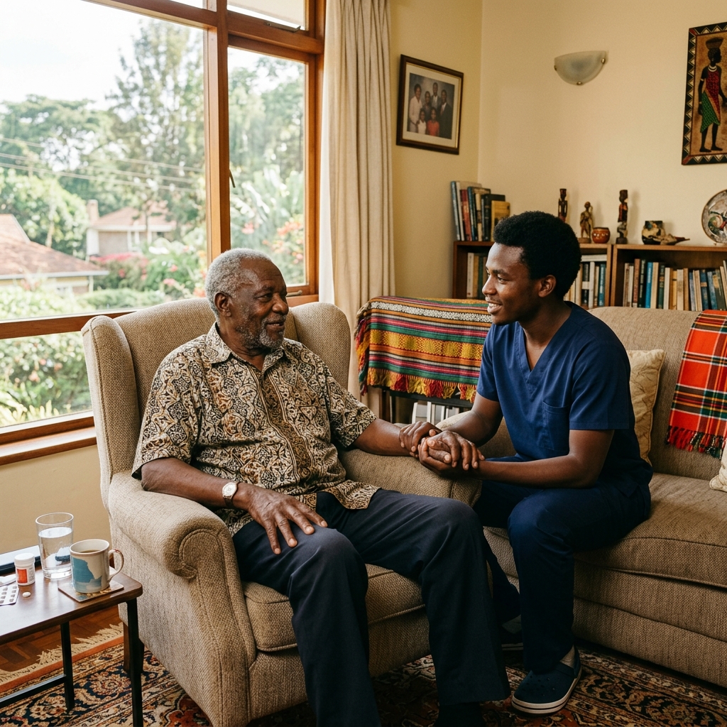 Elderly African man receiving compassionate home care in Kenya