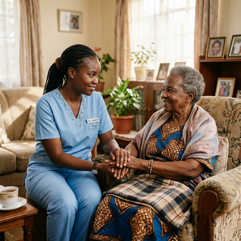 Professional African caregiver with an elderly patient at home in Kenya